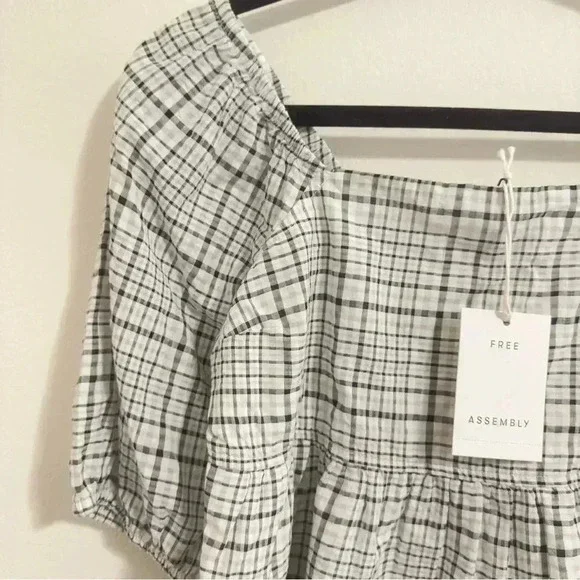 Free Assembly Size XS Ivory Plaid Organic Cotton Women's Puff Sleeve Blouse Top - Picture 7 of 15
